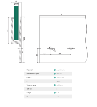 Aluminium Ganzglasgeländer Y-Bodenprofil 500 cm vorgesetzt 3,0kN Glasgeländer Satin Elox